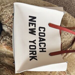 Coach New York Relay Cream Tote with Red Handles
